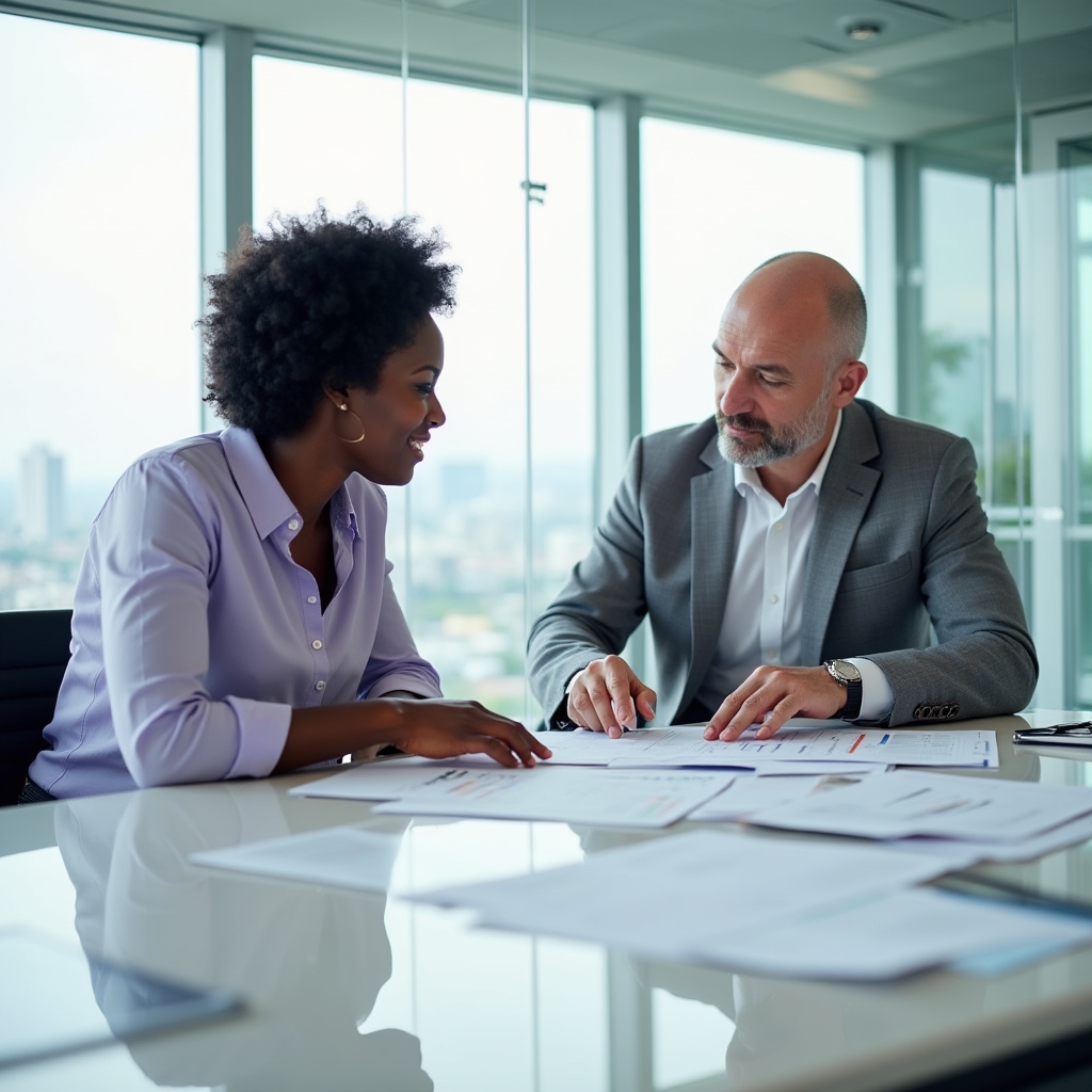 Career counselor reviewing a resume document with a professional returning to the workforce