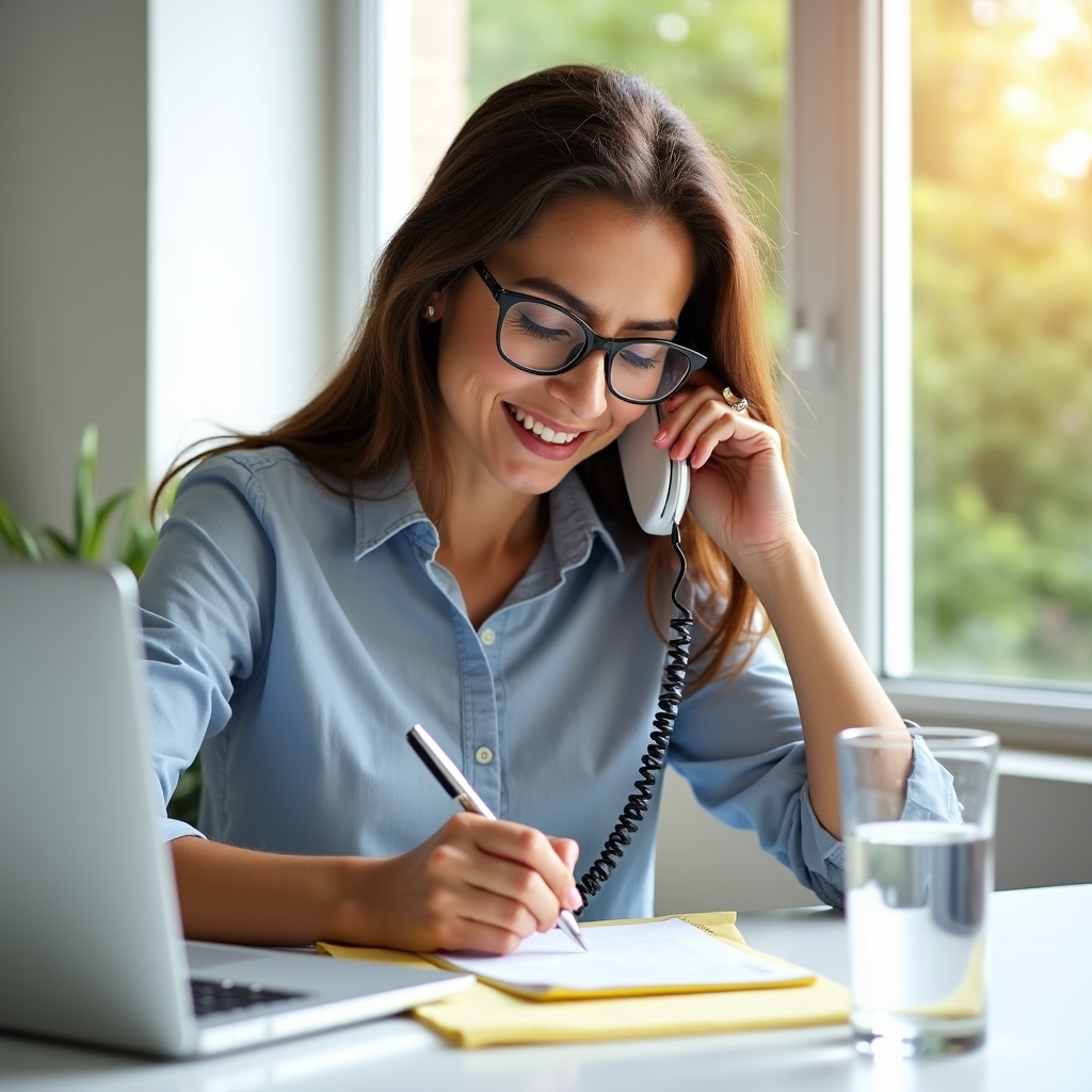 Professional writer conducting a phone intake session at a bright desk with notes and a laptop open