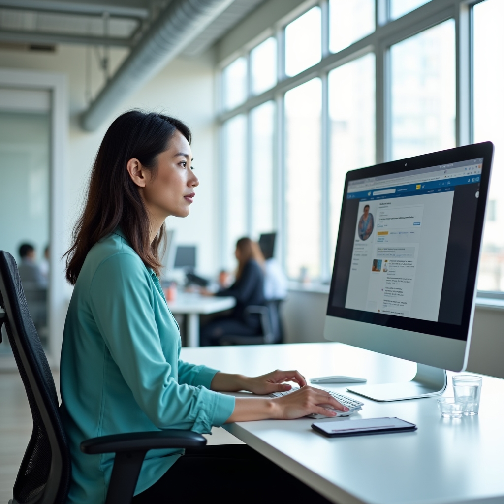 Person updating their LinkedIn profile on a desktop computer in a bright modern office with large windows
