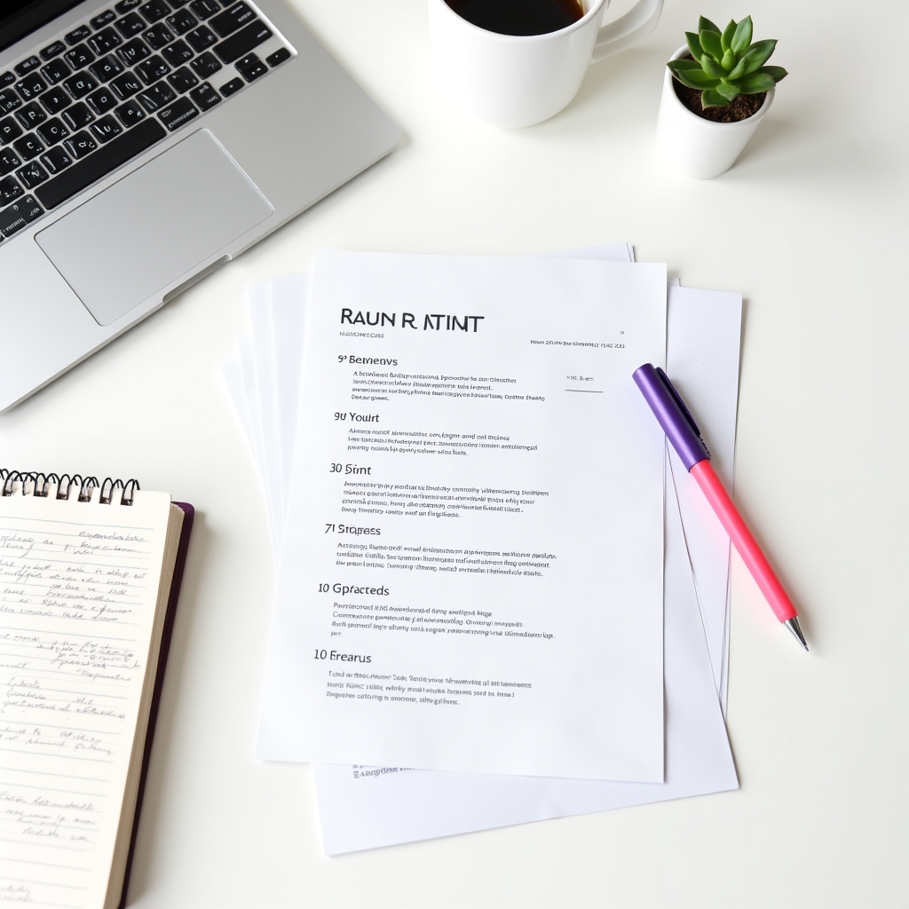 Close-up of a writer working on a professional profile document with notes and a laptop on a bright desk
