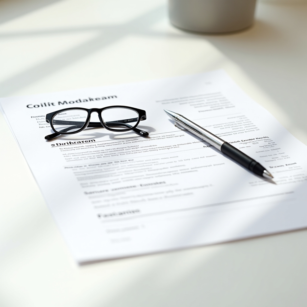 Close-up of a professionally formatted resume document on a clean white desk with a pen and reading glasses